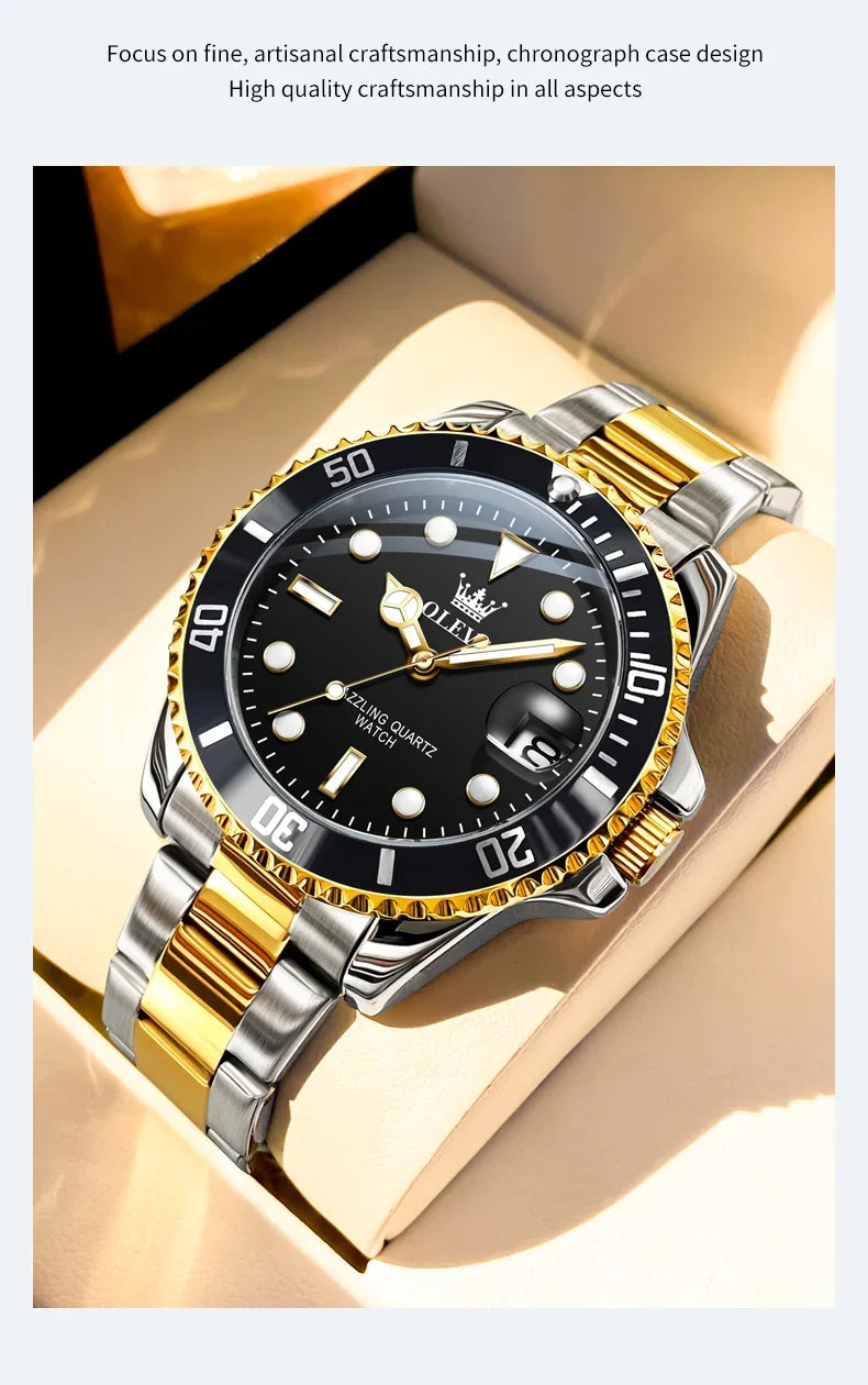 OLEVS 5885 Stainless Steel Calendar Luminous Mens Wristwatch Luxury Stainless Steel Waterproof Quartz Watch for Men Sport Reloj