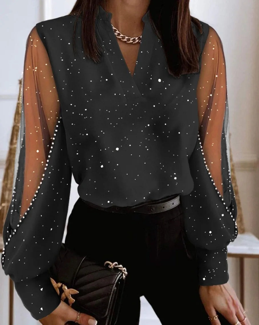 Women's V Neck Blouse with Sheer Floral Lace Long Sleeves and Solid Body for Elegant Office or Evening Wear
