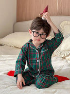 Merry Christmas Kids Pure Cotton Pajamas Set Plaid Print Turn-down Collar Button Shirt Trousers 2 Pieces Suit Homewear Xmas Look