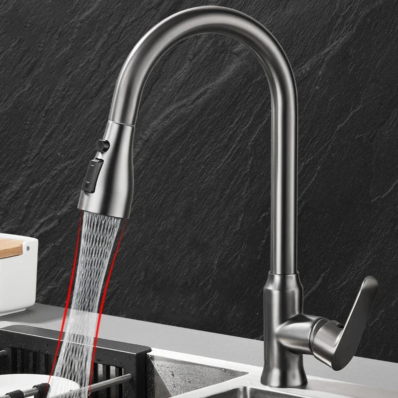 Kitchen Faucet Pull-Out Spray Head 360 Degree Rotation Hot and Cold Water Pull-Out Black and Silver Single Hole Kitchen Faucet
