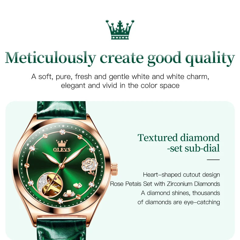 OLEVS 6601 Green Leather Strap Women Watch Automatic Mechanical Movement Waterproof Diamond Fashion Watch