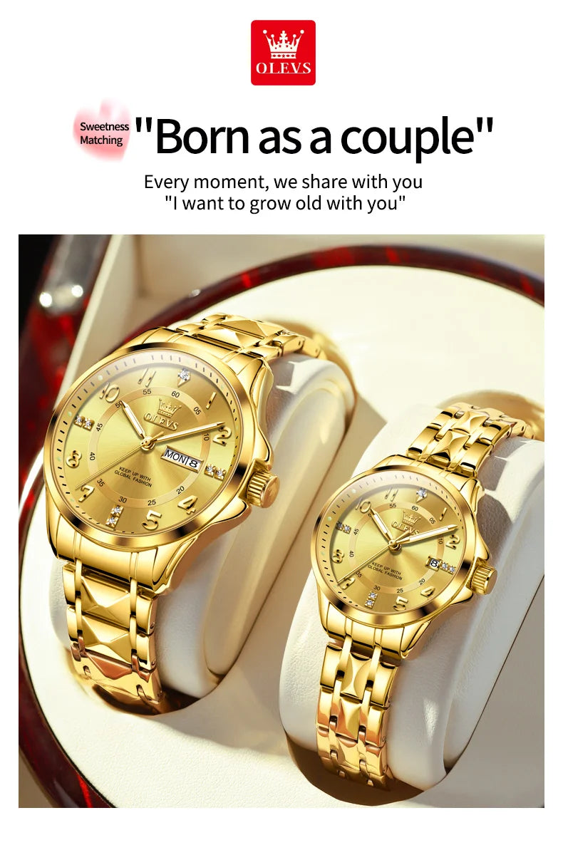 OLEVS Luxury Brand Couple Watch Classics Dual Calendar Wristwatch for Men and Women Waterproof Lover's Watch Set Gift Box
