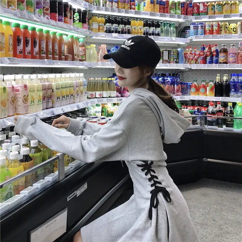 Streetwear Mini Dress Spring Autumn Korean High Waist Lace Up Slim Vestidos Women Harajuku Hooded Bandage A Line Dresses