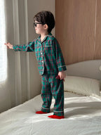 Merry Christmas Kids Pure Cotton Pajamas Set Plaid Print Turn-down Collar Button Shirt Trousers 2 Pieces Suit Homewear Xmas Look