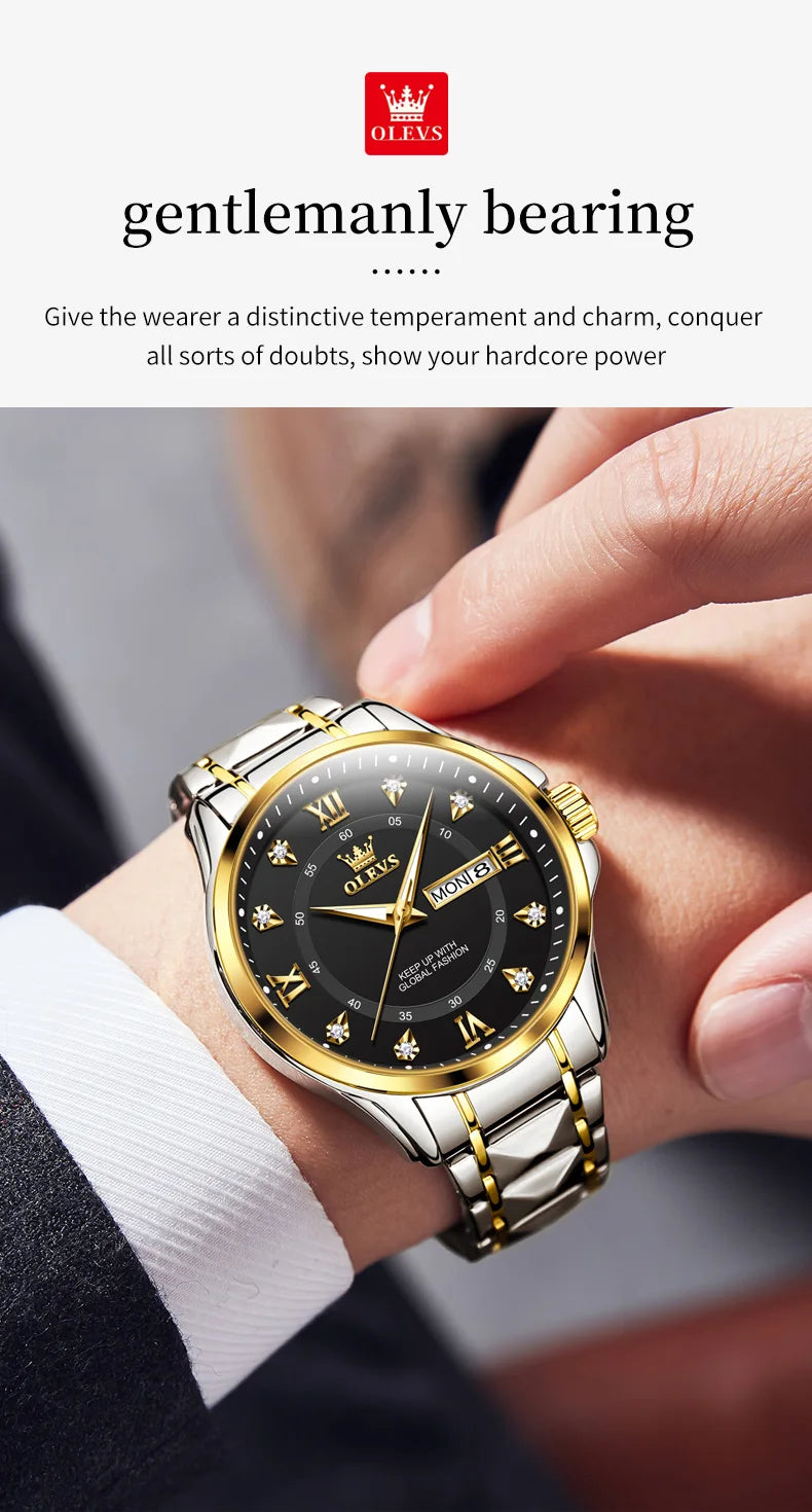 OLEVS 2906 Couple Watch Pair Luxury Diamond Shaped Steel Strap Calendar Week Quartz Wristwatch Men Women Luxury Lovers Watches