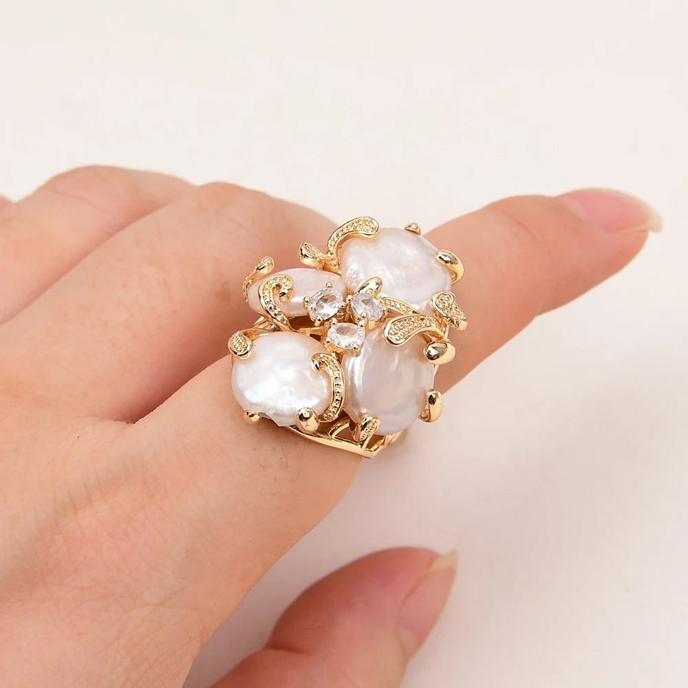 GG Big Natural White Keshi Coin Pearl Paved Clear Crystal Gold Plated Rings Adjustable Ring Gifts For Lady