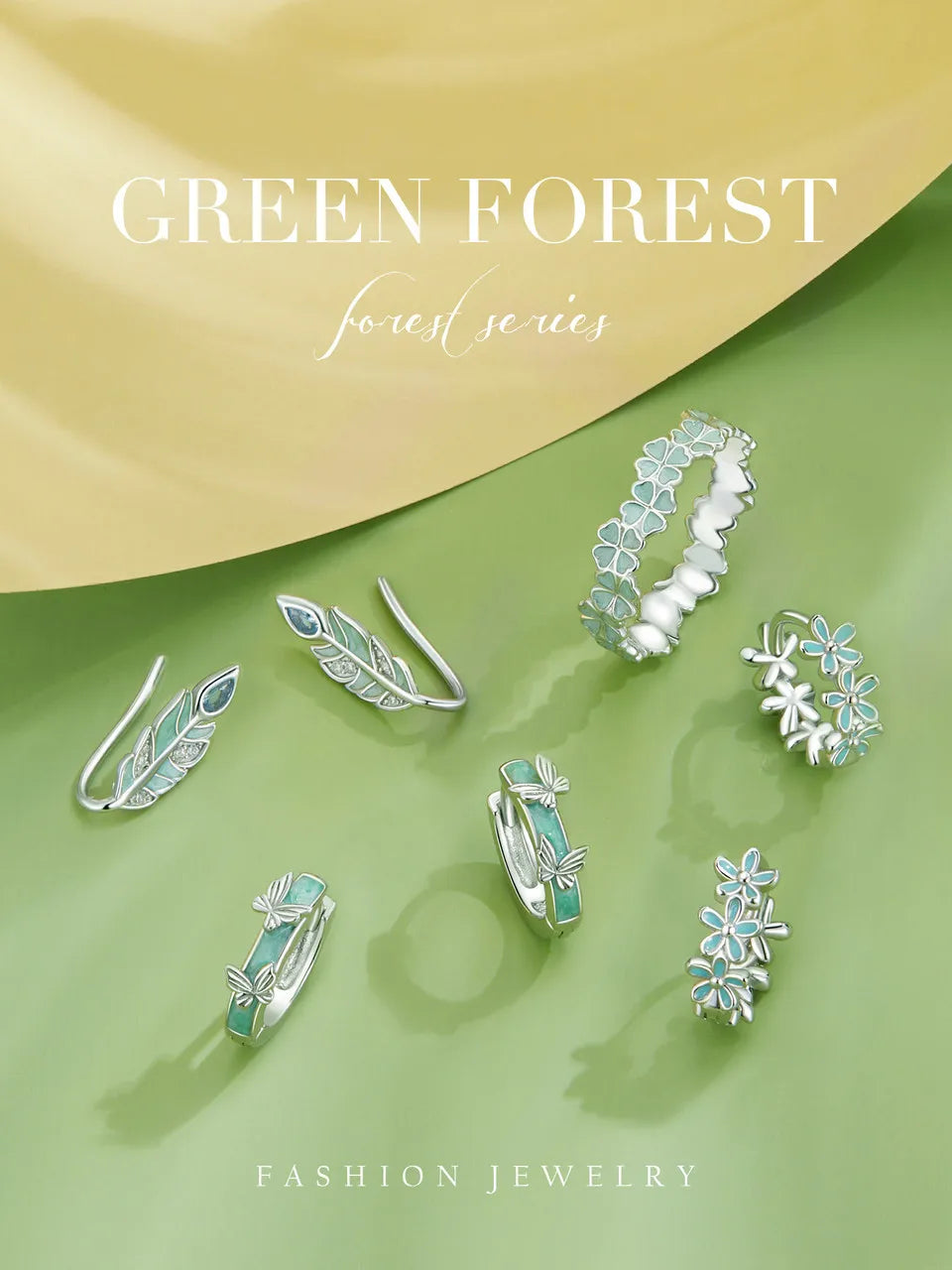 Bamoer 925 Sterling Silver Four-Leaf Clover Ring Mint Green Leaves Vine Ring Fine Jewelry Gift for Women Party