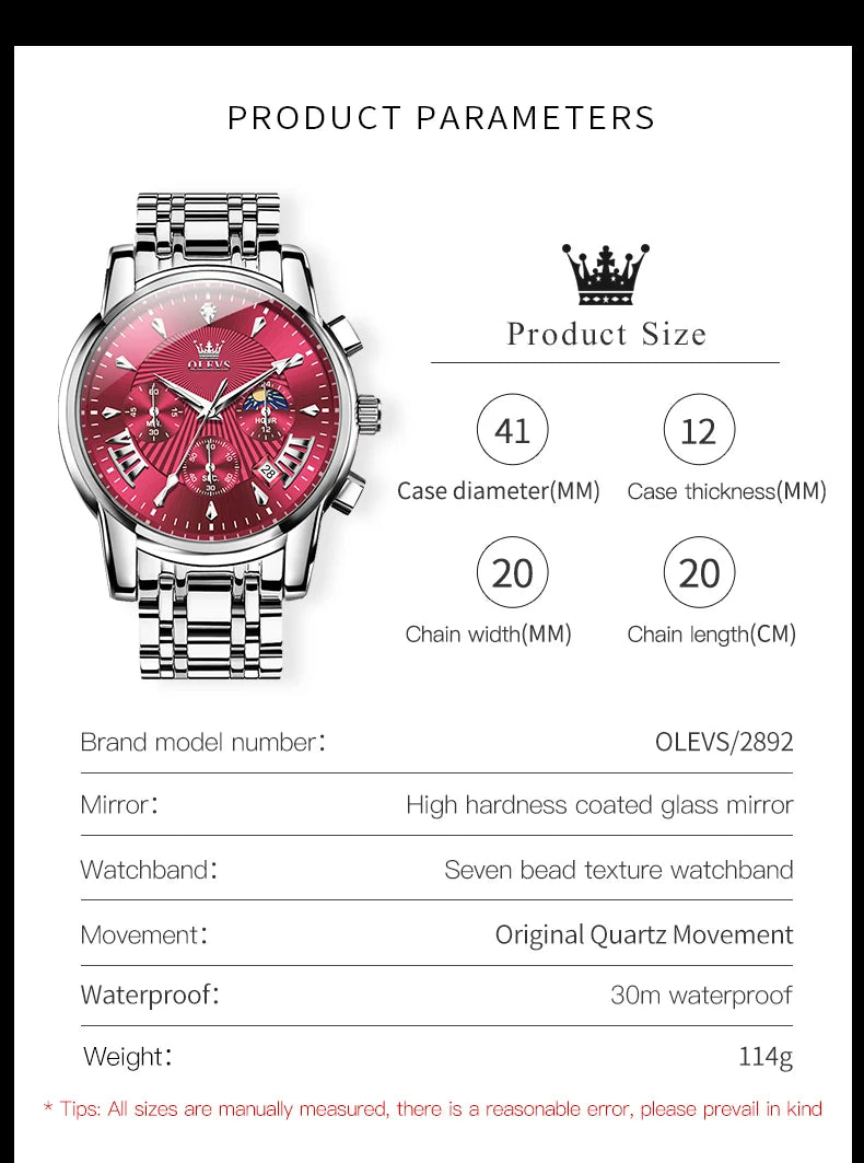 OLEVS 2892 Mens Watch Original Business Quartz Watch Moon Phase Multifunctional Chronograph Watches For Men With Box Reloj New