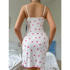 Sexy Women's Night Gown Lace Trim Camisole Bow & Heart Print Sleeveless Sleep Dress Elegant Night Wear for Ladies