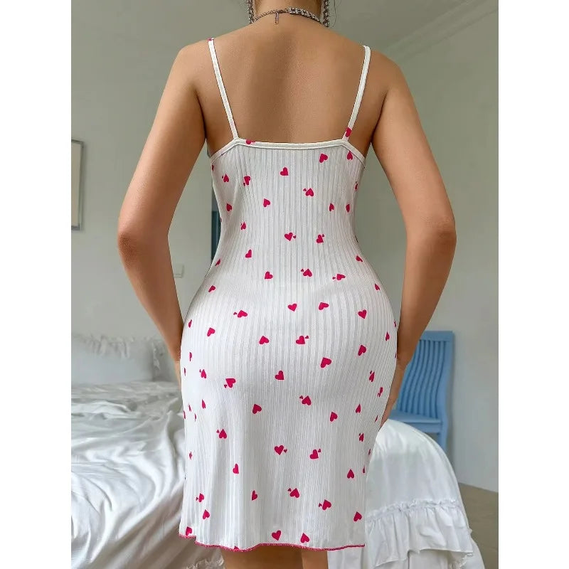 Sexy Women's Night Gown Lace Trim Camisole Bow & Heart Print Sleeveless Sleep Dress Elegant Night Wear for Ladies