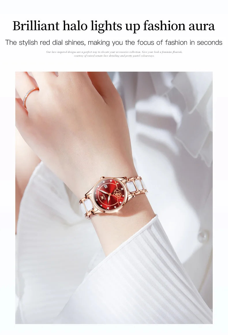 OLEVS Quartz Watch Women Japan Movement Waterproof Stainless Steel Ceramics Women Wristwatch Luxury Ladies watch Set Hot