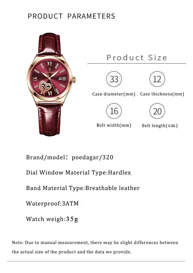 POEDAGAR Luxury Casual Watches For Women Waterproof Calendar Leather Ladies Watch High Quality Fashion Woman's Quartz Wristwatch