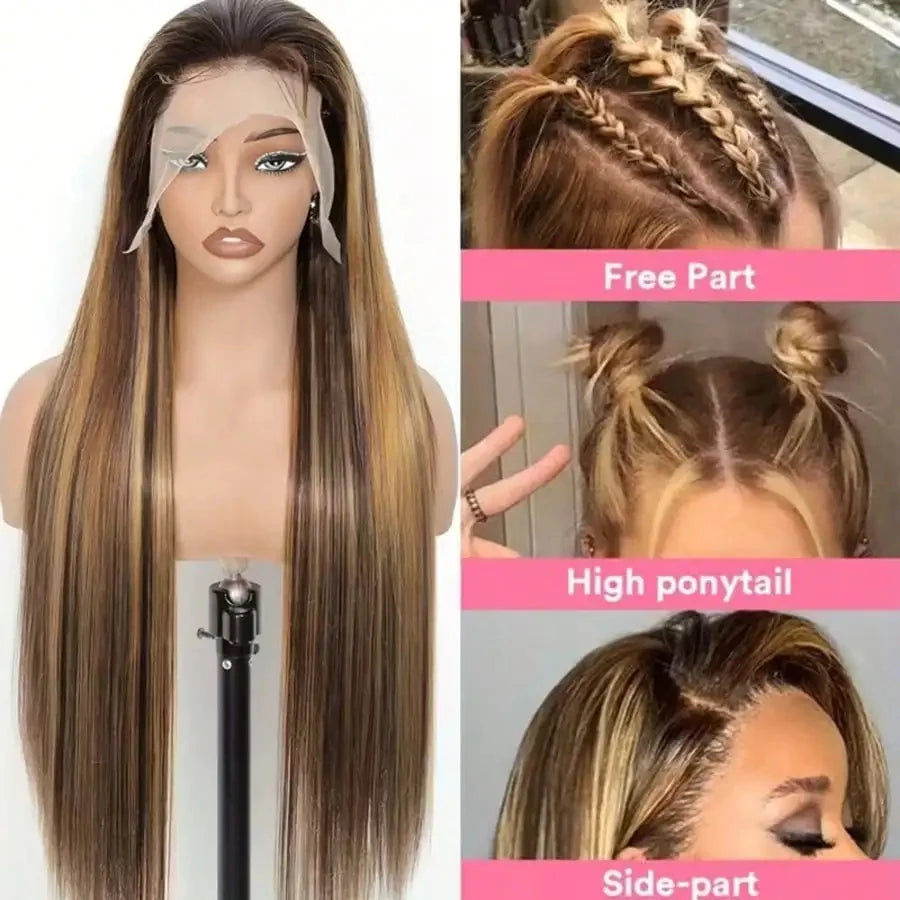 Highlight P4/27 Blended Human Hair Wig - 250% Density Piano Color Straight Hair - Pre-Plucked Hairline And Baby Hair -Ready To Wear Instantly Without Glue - Multiple Sizes Human Hair Wig For Women