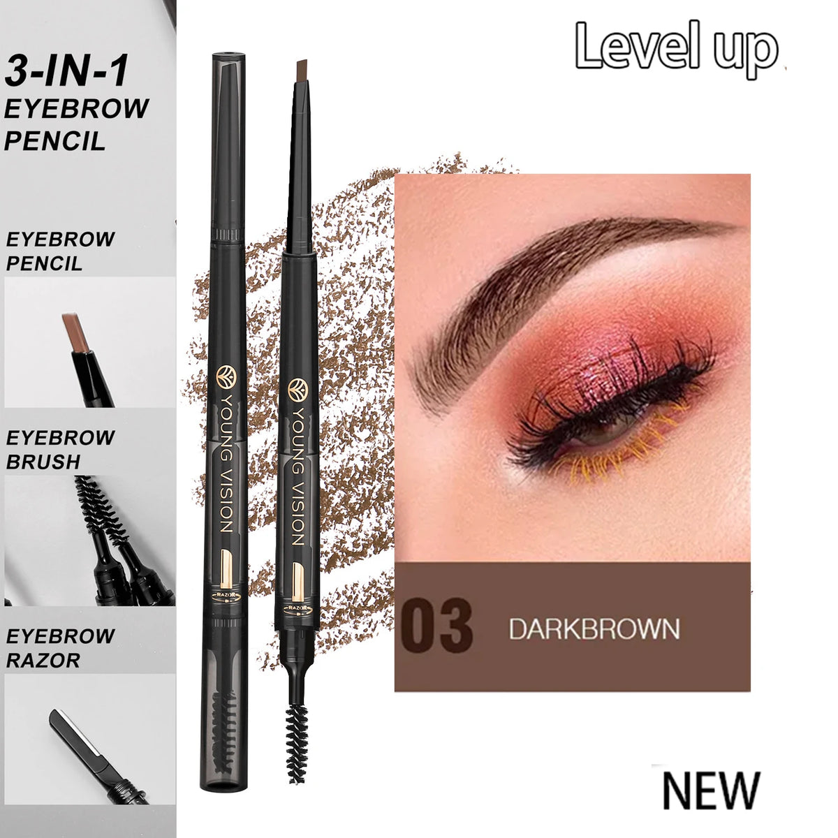 Langmanni Double headed Rotable Eyebrow Pen with a 1.5mm diameter Fine refill Waterproof Wild Eyebrow Pen and Eyebrow Brush