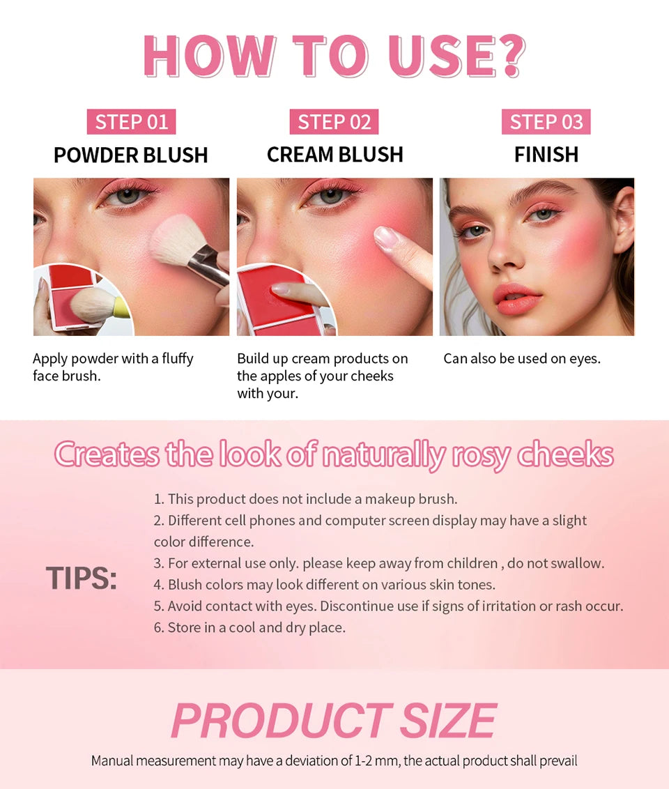 2Color Blush Cream and Brush Powder Long-lasting Wearing High Pigment Natural Matte Blush For Girl Blush Cosmtics