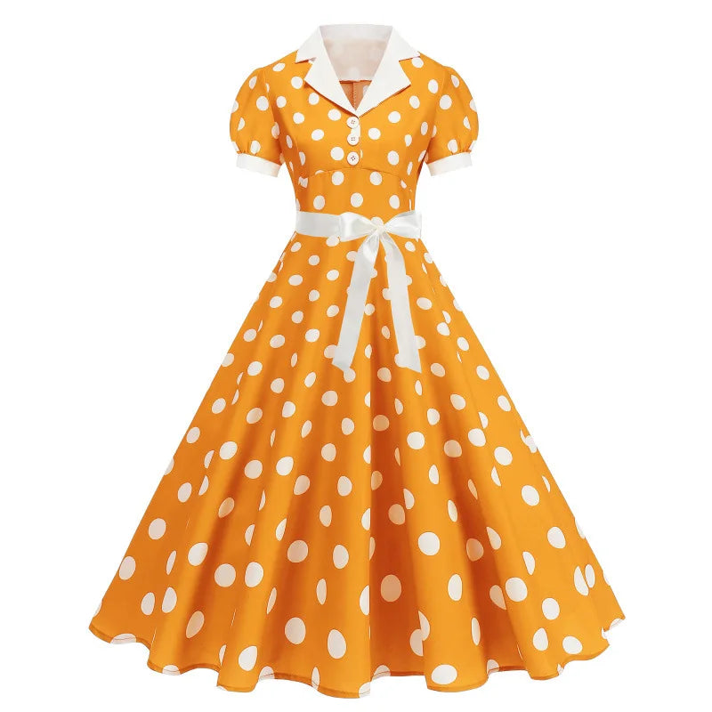Polka Dot 50s 60s Vintage Dress Women Elegant Belted Robe Women Retro Rockabilly Prom Wedding Party Princess Dress