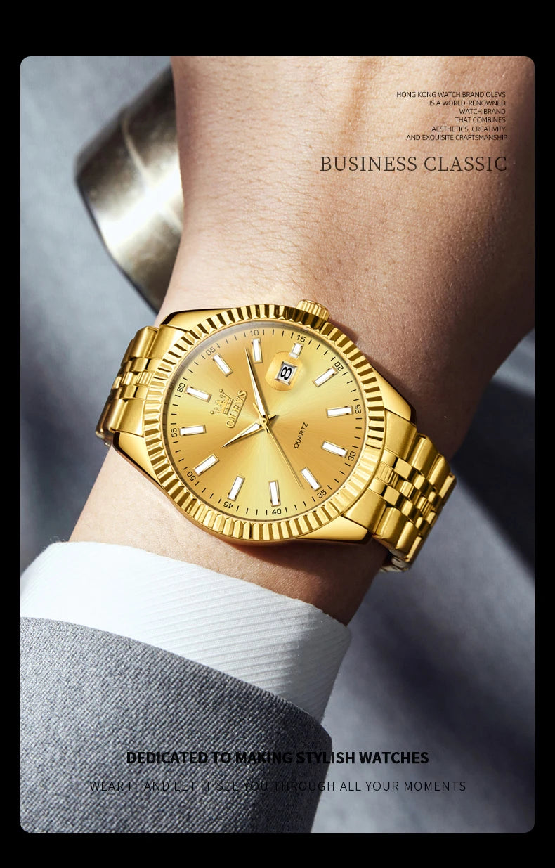 OLEVS Brand Luxury Gold Quartz Watch for Men Stainless Steel Waterproof Luminous Calendar Fashion Mens Watches Relogio Masculino