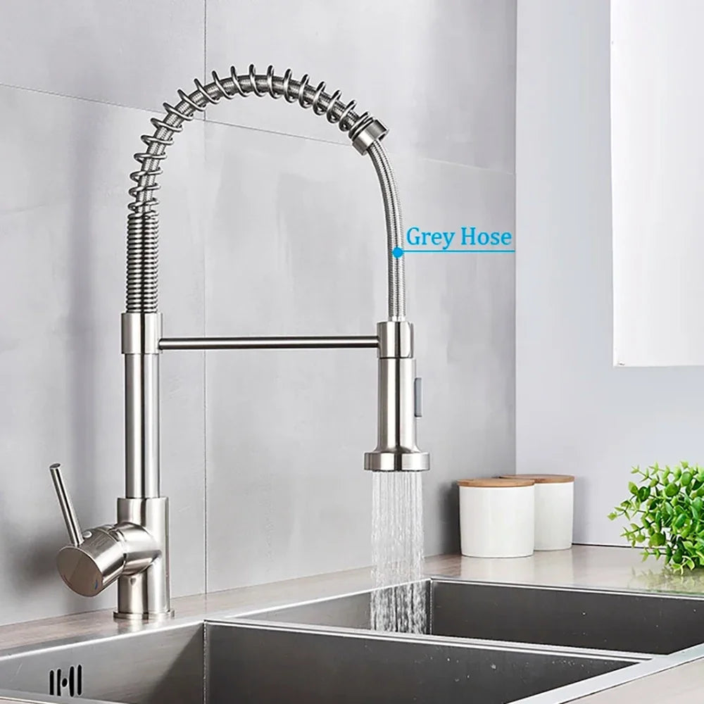 Spring Brushed Nickel Kitchen Faucet Deck Mounted Mixer Tap 360 Degree Rotation Stream Sprayer Nozzle Kitchen Sink Hot Cold Taps