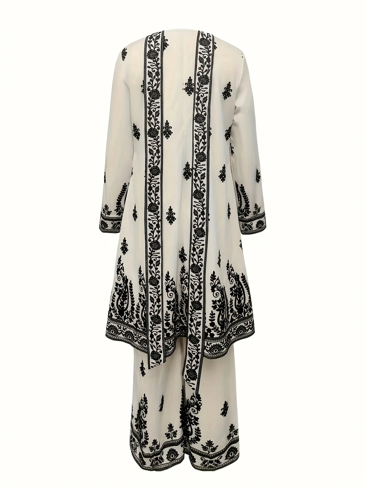 Plus Size Women's Off-White and Black Printed Three-Piece Set Ethnic Style Crew Neck Long Top Wide-Leg Pants and Headscarf Set