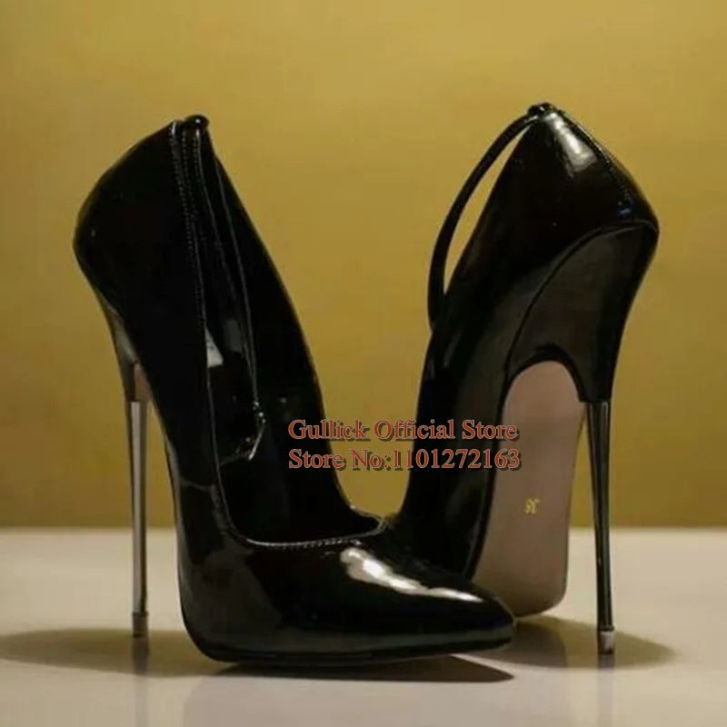Sky High Metal Heels Red Metallic Leather Pumps Shoes Pointed Toe Ankle Strap Stiletto High Heels Wedding Party Pumps 16CM