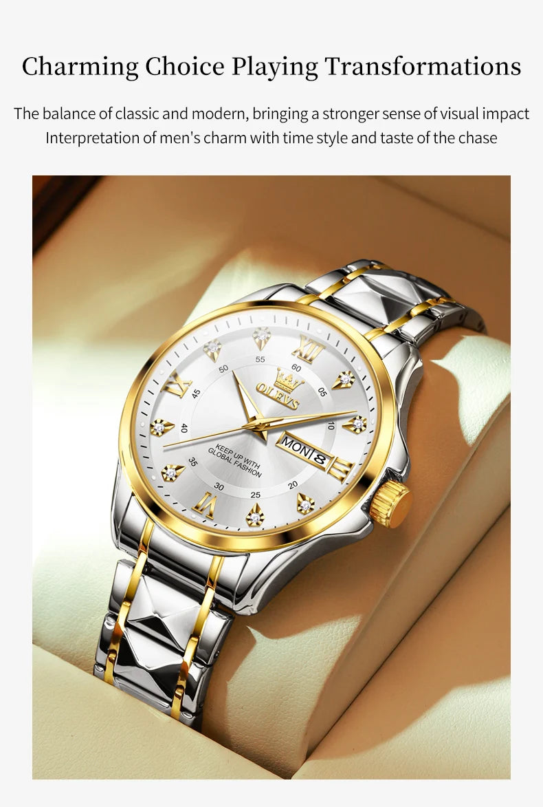 OLEVS 2906 Couple Watch Pair Luxury Diamond Shaped Steel Strap Calendar Week Quartz Wristwatch Men Women Luxury Lovers Watches