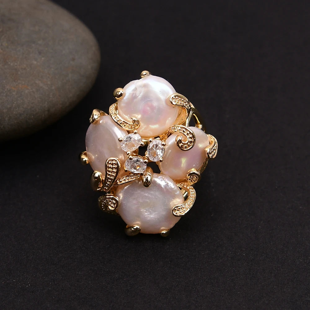GG Big Natural White Keshi Coin Pearl Paved Clear Crystal Gold Plated Rings Adjustable Ring Gifts For Lady