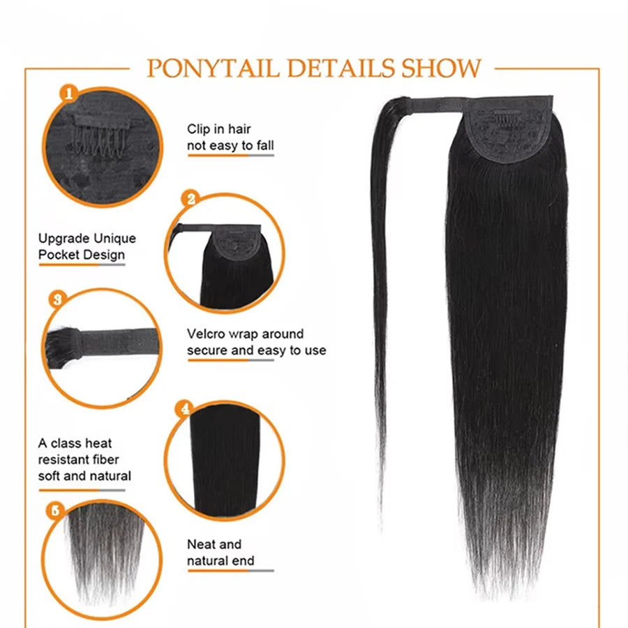 15A Body Wave Ponytail Human Hair Wrap Around Clip in Hairpiece Remy 3C Pony Tail Kinky Curly Ponytail Kinky Straight Ponytail