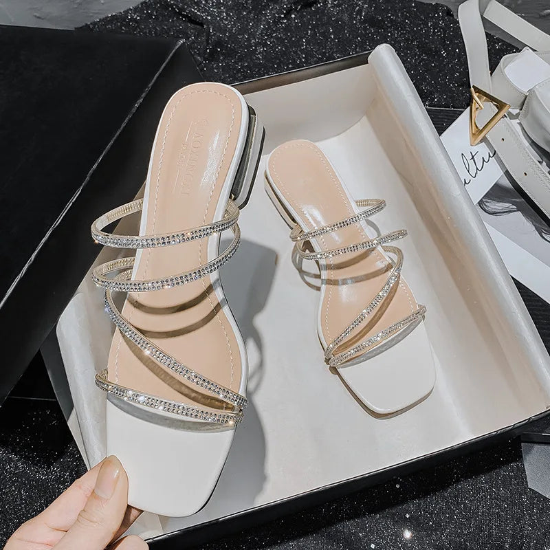 crystal narrow band sandalias mujer low heel clear slippers women rhinestone strap flip flops shiny party shoes big size 43