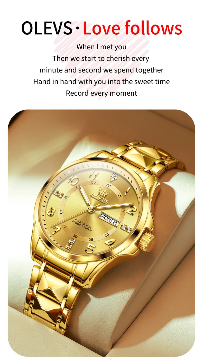 OLEVS Luxury Brand Couple Watch Classics Dual Calendar Wristwatch for Men and Women Waterproof Lover's Watch Set Gift Box