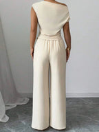 Elegant Pure Color Ladies Asymmetric Top And Wide Leg Pants 2-Piece Set for Commuting Casual Vacations Fashionable New Arrival