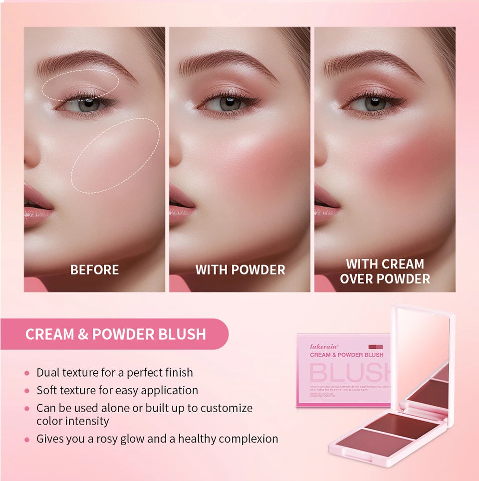 2IN1 Pink Blush Matte Dewy Rosy Blush With Brush Makeup Pan Long Wearing High Pigment Orange Red Cream & Powder Blush Palette