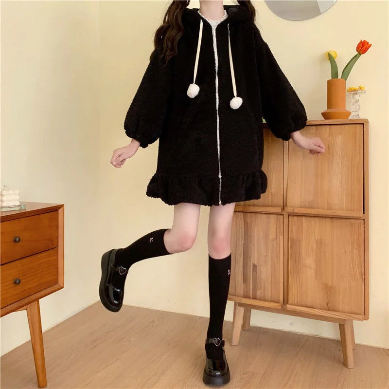 Kawaii Hoodies Women Lolita Winter Warm Lambswool Oversized Sweatshirt Cute Bunny Ears Long Sleeve Zip Up Hooded Fleece Jacket
