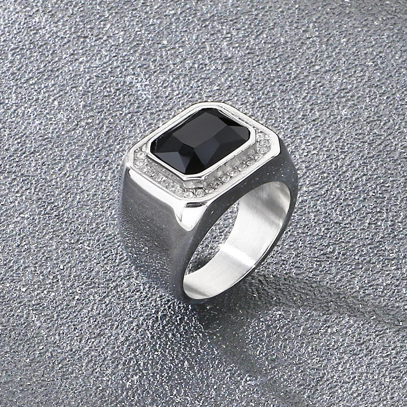 KALEN Trendy Stainless Steel Larger Men's Finger Ring Square Cut  Zircon Stone Cocktail Rings Hip Hop Business Fashion Jewelry