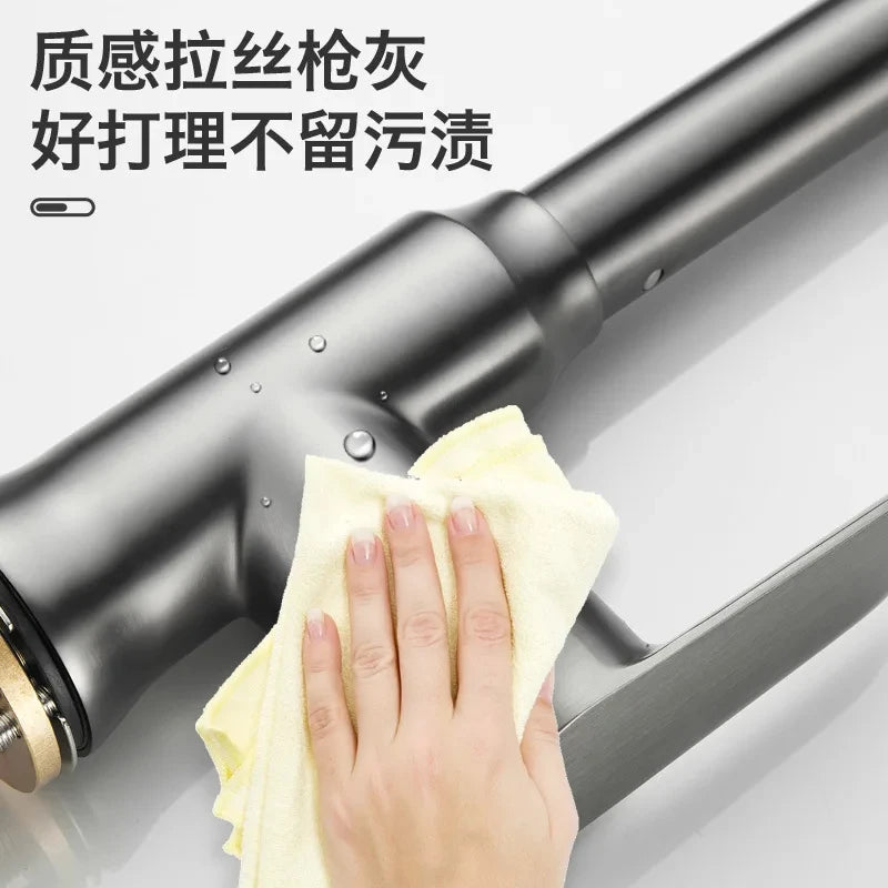 Kitchen Faucet Pull-Out Spray Head 360 Degree Rotation Hot and Cold Water Pull-Out Black and Silver Single Hole Kitchen Faucet