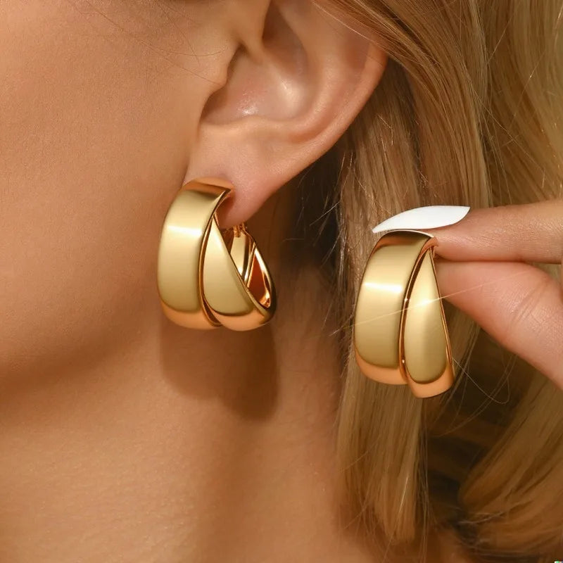 Vintage Stainless Steel Double-Layer Hoop Earrings For Women Fashion Geometric Round Drop Earrings Trendy Party Jewelry