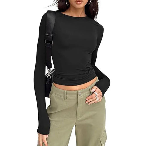 1pcs Four Seasons Fashion Senior Women T-shirt Long Sleeve Crew Neck Solid Slim Fit Tee Ladies Crop Top  Daily Streetwear Camis