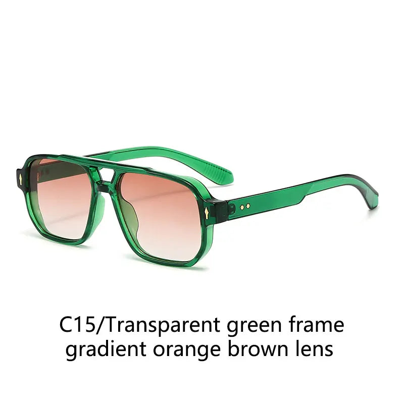 Vintage Double Bridges Men Square Sunglasses Fashion Green Ocean Lens UV400 Eyewear Women Trending Rivets Sun Glasses