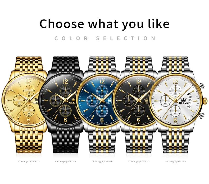OLEVS luxury brand men's watches Chronograph waterproof date Gold luminous quartz watch for man Original wristwatch with the box