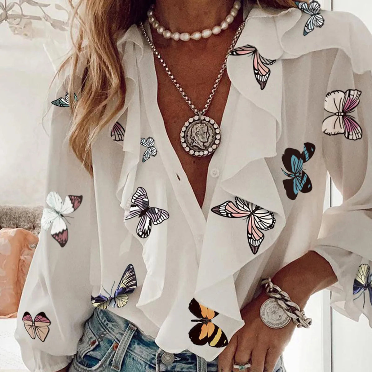 Summer Elegant Blouses For Women 2025 Womens Ruffle Shirt V Neck Loose Commuting Long Sleeve Blusas Mujer Elegantes Y Juveniles