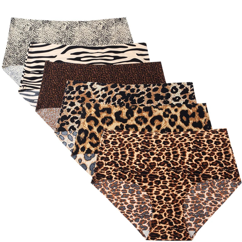 6pcs Women's Seamless Ice Silk Panties Female Mid Waist Plus Size Leopard Print Underwear Girls Fashion Brief Lady Comfort Panty