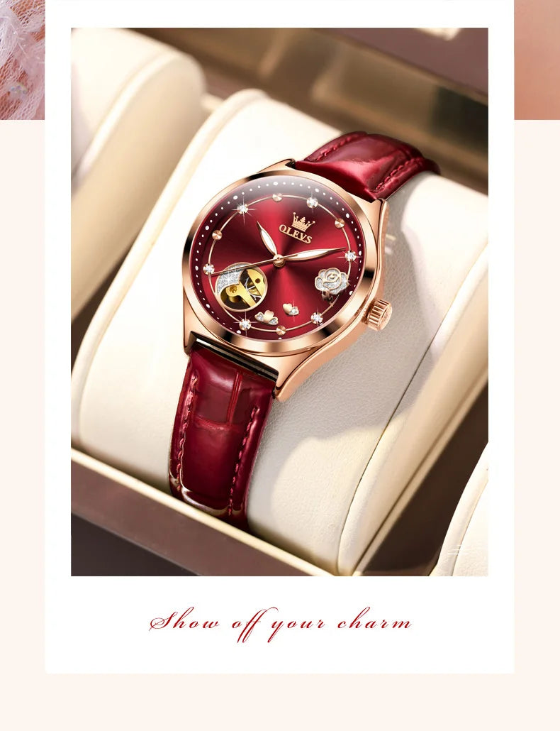 OLEVS Fashion Women Mechanical Watches Bracelets and Necklaces Set Leather Strap Luxury Hollow Ladies WristWatches Reloj Mujer