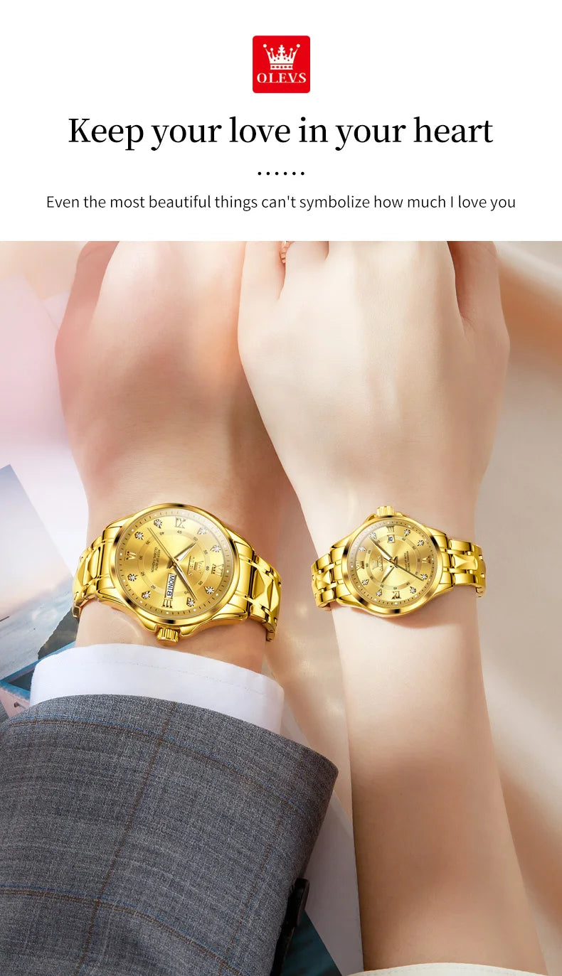 OLEVS 2906 Couple Watch Pair Luxury Diamond Shaped Steel Strap Calendar Week Quartz Wristwatch Men Women Luxury Lovers Watches