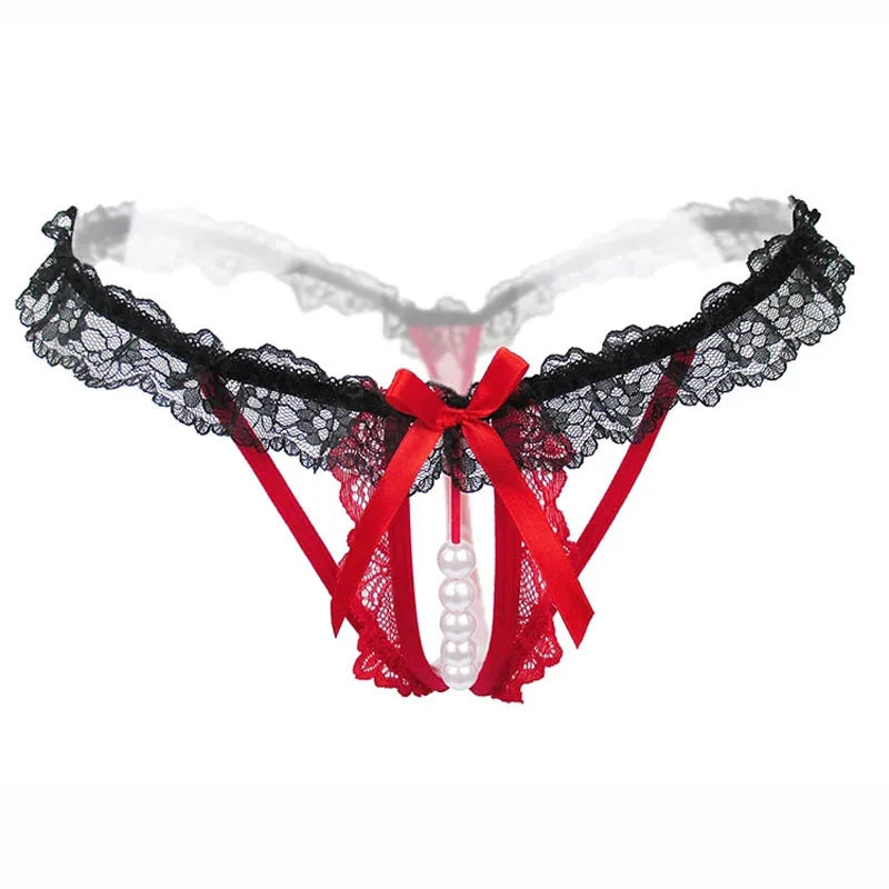 Sexy Pearl Beaded T-shaped Pants Underwear Women Lace Hollow Out Butterfly Embroidered G String Underpants Are Open Summer New