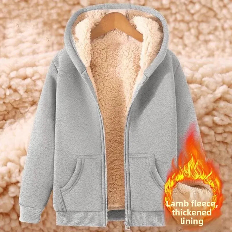 Thickened Lamb Velvet Hooded Cardigan Pure Color Oversize Sweatshirt Men Women Korean Style Winter Warm Casual Outerwear