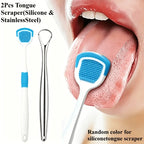 2PCS Tongue Brush and Tongue Scraper Combination - Respiratory Control Oral Cleaning Tool, Keeping Breath Fresh, Random Color