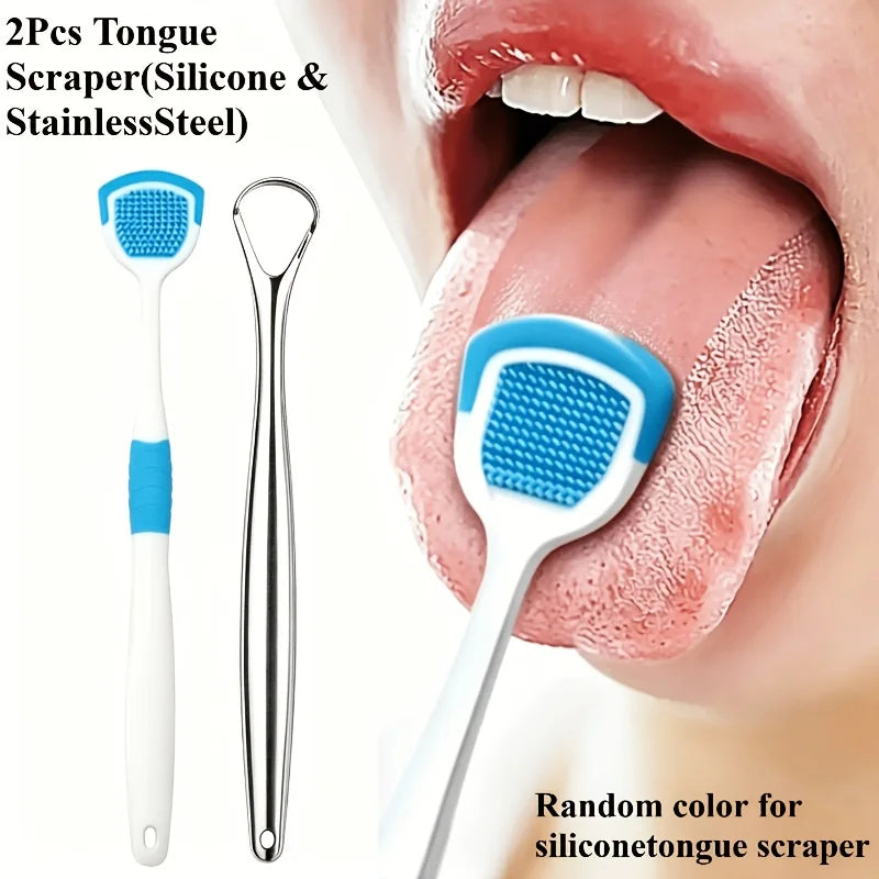 2PCS Tongue Brush and Tongue Scraper Combination - Respiratory Control Oral Cleaning Tool, Keeping Breath Fresh, Random Color