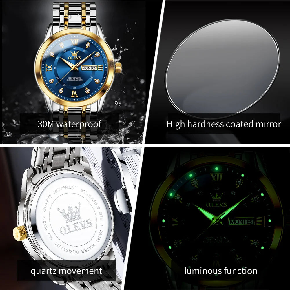 OLEVS 5513 Mens Watch Original Fashion Brand Quartz Waterproof Luminous Watch For Man Stainless Steel Dual Calendar Watch Box