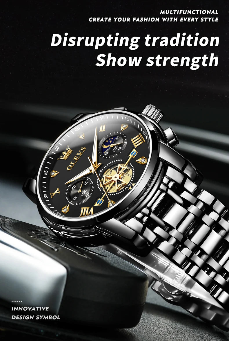 OLEVS Men's Watches Classic Multifunctional Flywheel Design Stainless steel Waterproof Moon Phase Men's Wristwatches 2024 Trend