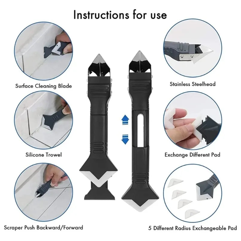 5 in 1 Caulking Tool Glass Glue Scraper Sealant Finishing Replacement Tips for Home Improvement Silicone Squeegee Caulk Remover