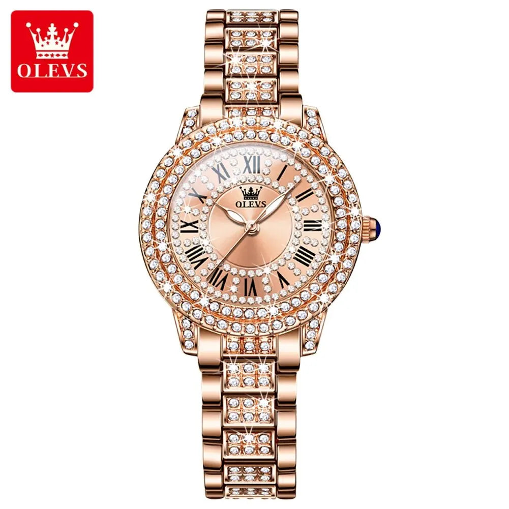 OLEVS 9943 Luxury All Diamond Original Quartz Watch for Women Elegant Rose Gold Stainless Steel Waterproof Ladies Wrist Watches